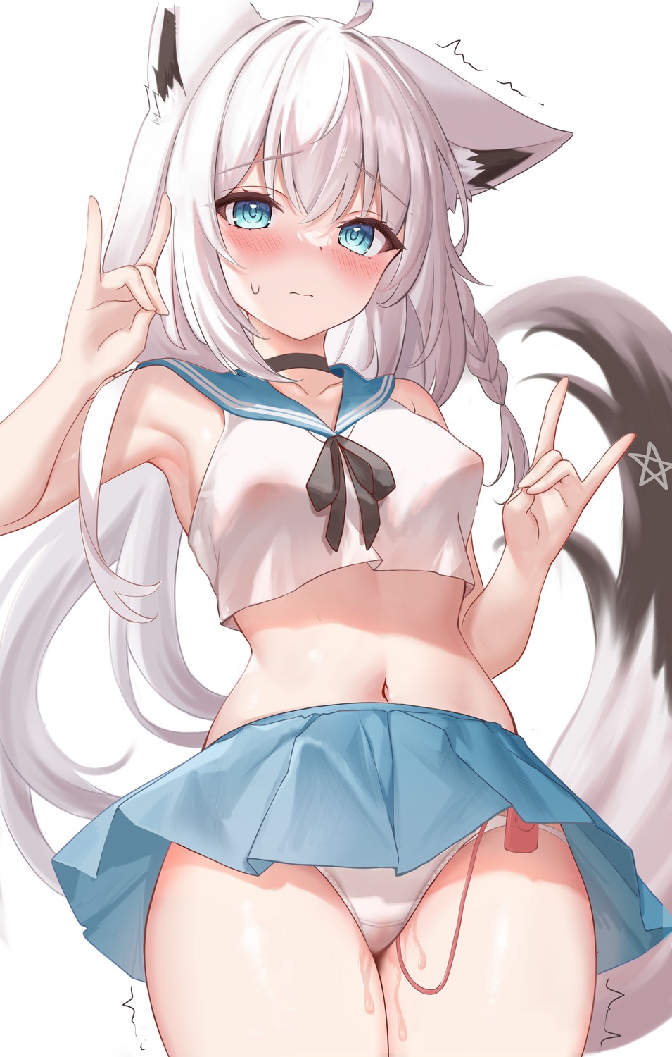 animal_ears erect_nipples hayasaka hololive hololive_gamers kitsune pantsu pussy_juice seifuku shirakami_fubuki skirt_lift tail vibrator