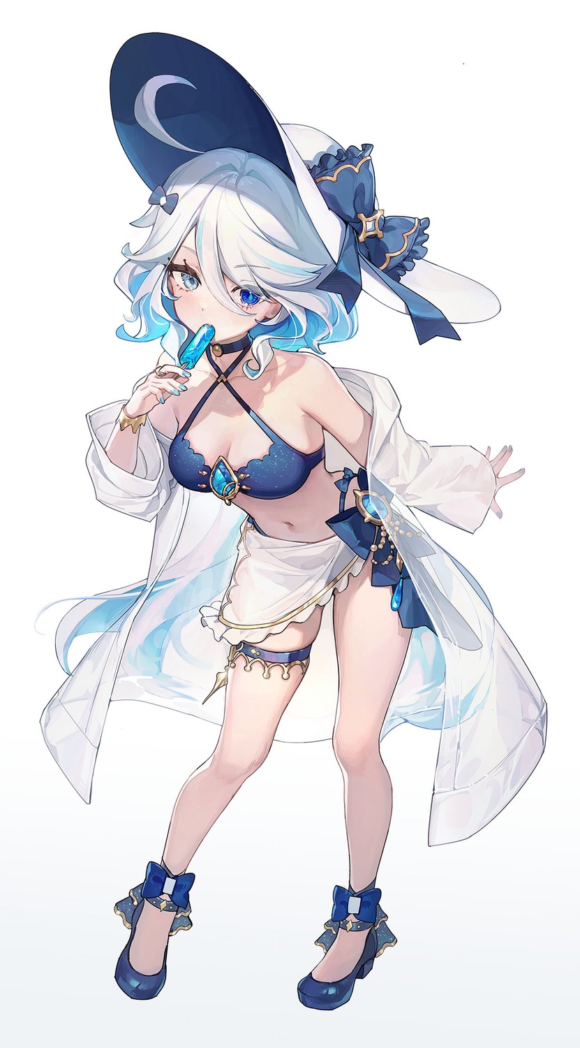 bikini furina garter genshin_impact heterochromia open_shirt see_through swimsuits ttosom witch