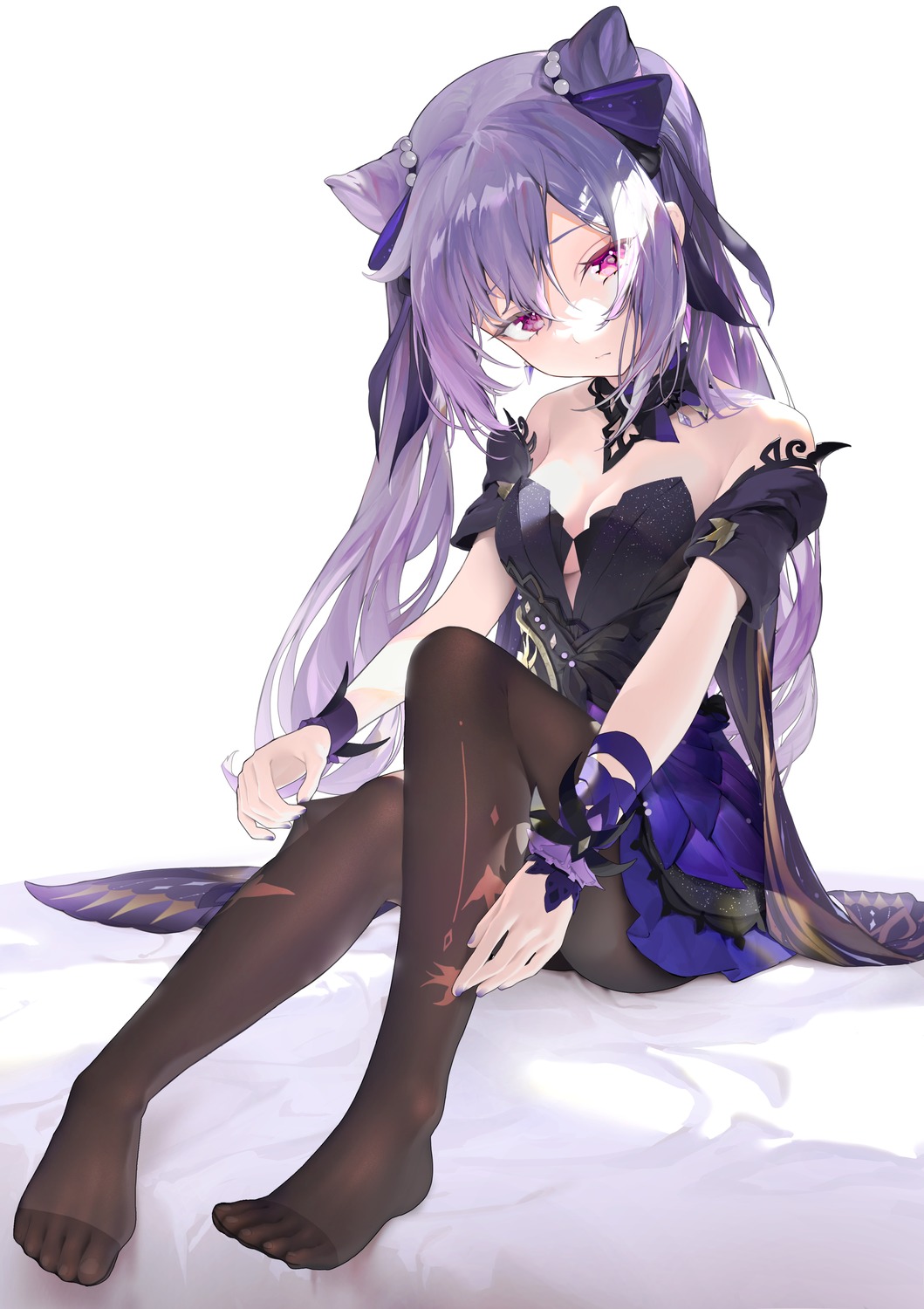 dress feet genshin_impact haku89 keqing no_bra pantyhose skirt_lift