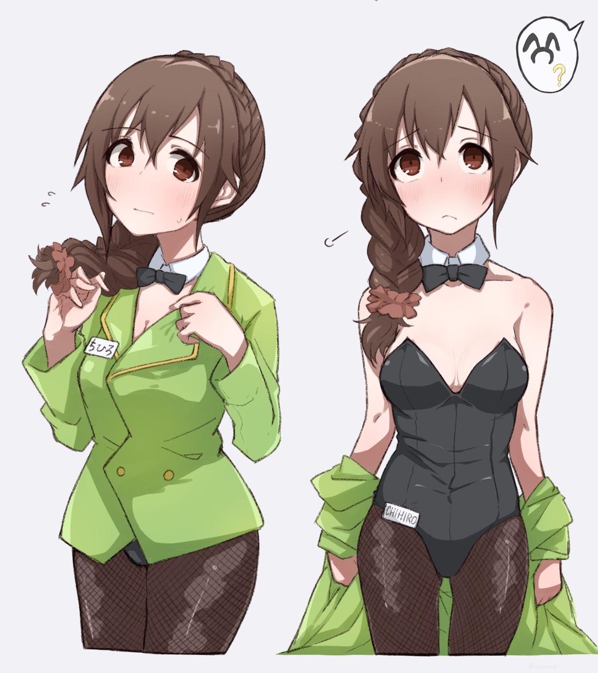 bunny_girl business_suit cleavage fishnets no_bra pantyhose senkawa_chihiro the_idolm@ster the_idolm@ster_cinderella_girls undressing woshinon