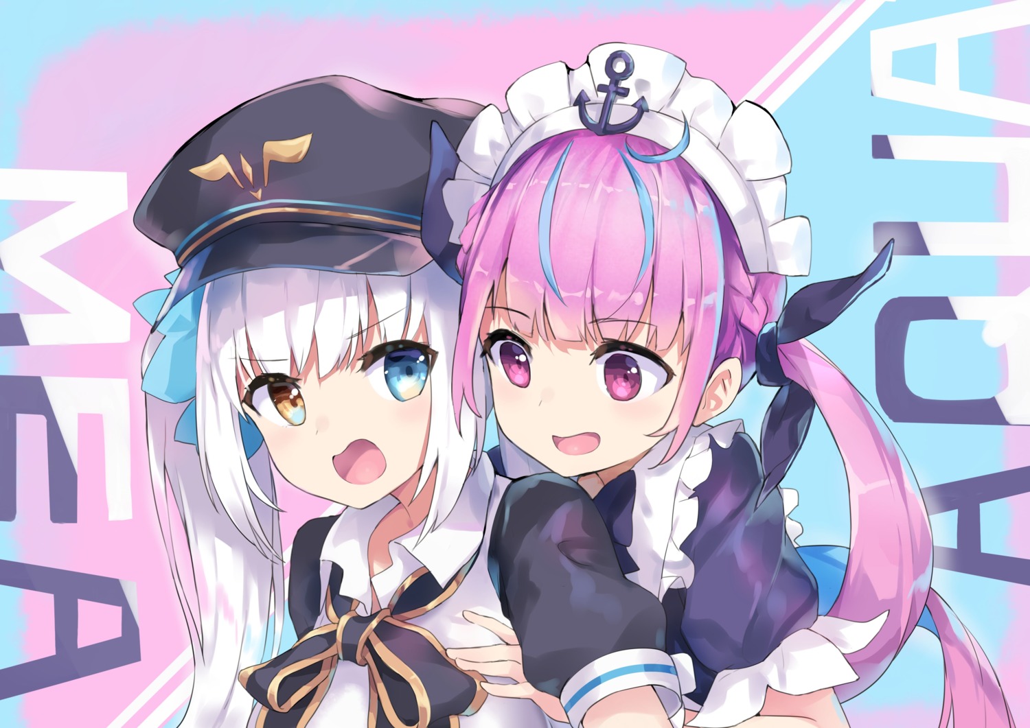 crossover heterochromia hololive kagura_mea kagura_mea_channel maid minato_aqua uniform wawazi yuri