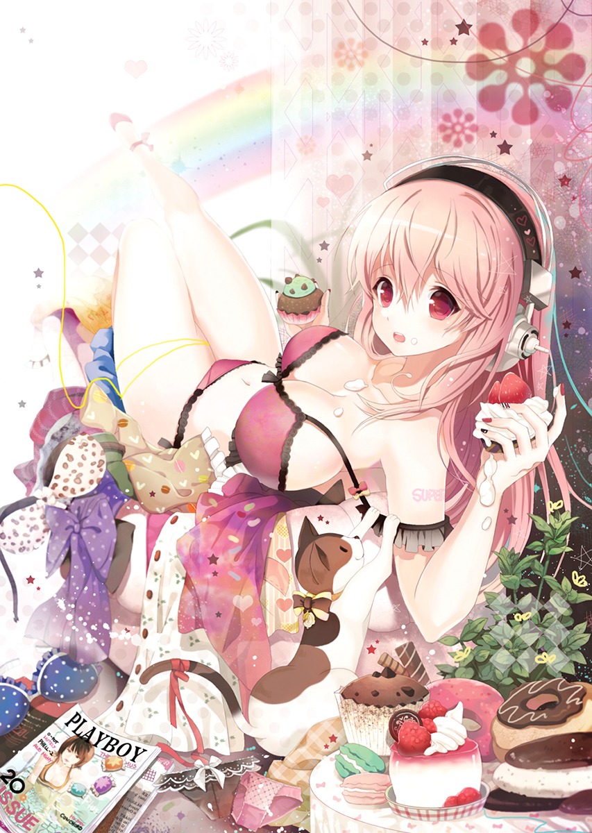 bra cleavage cream headphones neko pantsu rednian sonico super_sonico tattoo