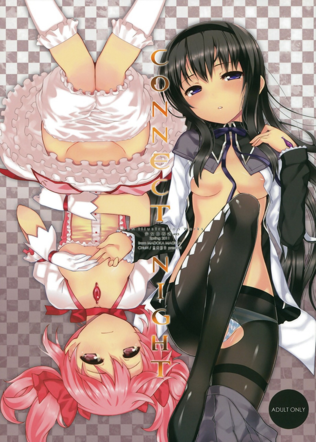 achunchun akemi_homura areola bloomers breast_hold cleavage friendly_sky kaname_madoka loli no_bra open_shirt pantsu pantyhose puella_magi_madoka_magica shimapan