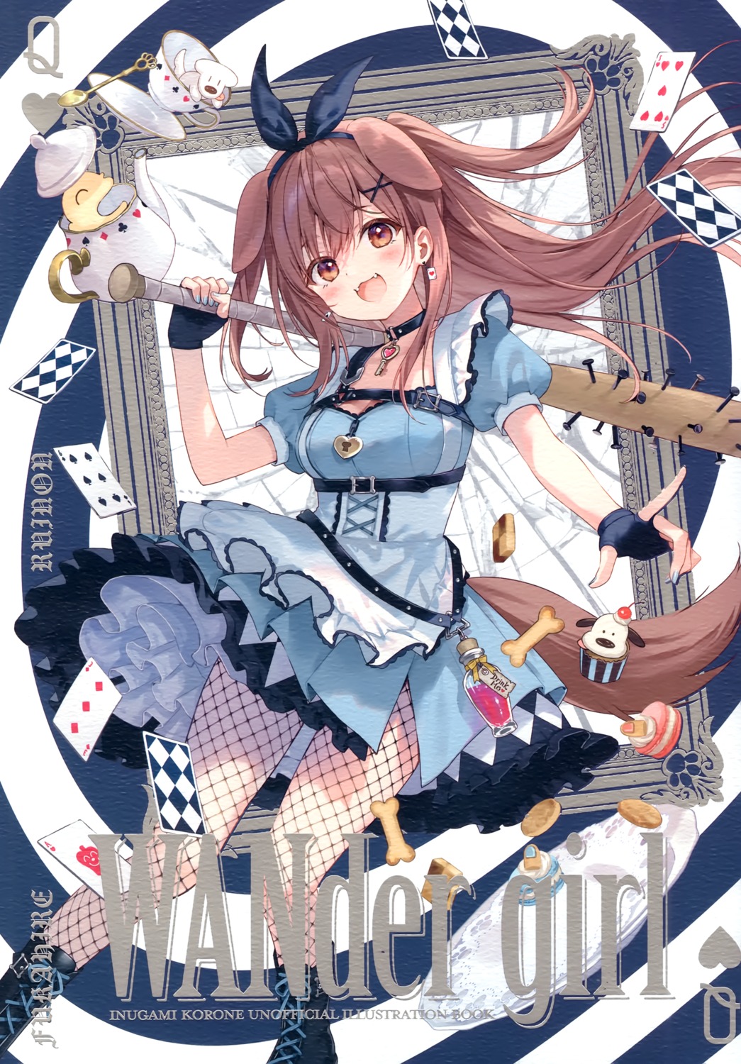 alice alice_in_wonderland animal_ears cosplay fishnets fukahire_sanba hololive hololive_gamers inugami_korone inumimi pantyhose ruinon skirt_lift tail weapon