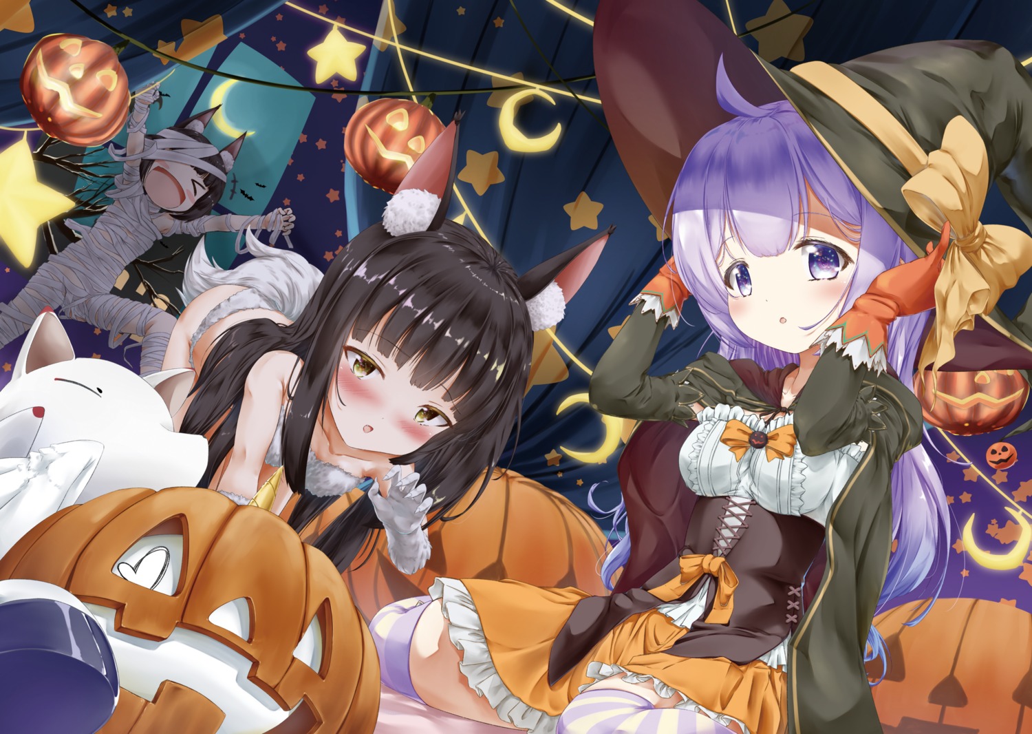 animal_ears azur_lane bandages halloween mutsu_(azur_lane) nagato_(azur_lane) naked_ribbon pantsu tail thighhighs unicorn_(azur_lane) wakamoto_riwo witch