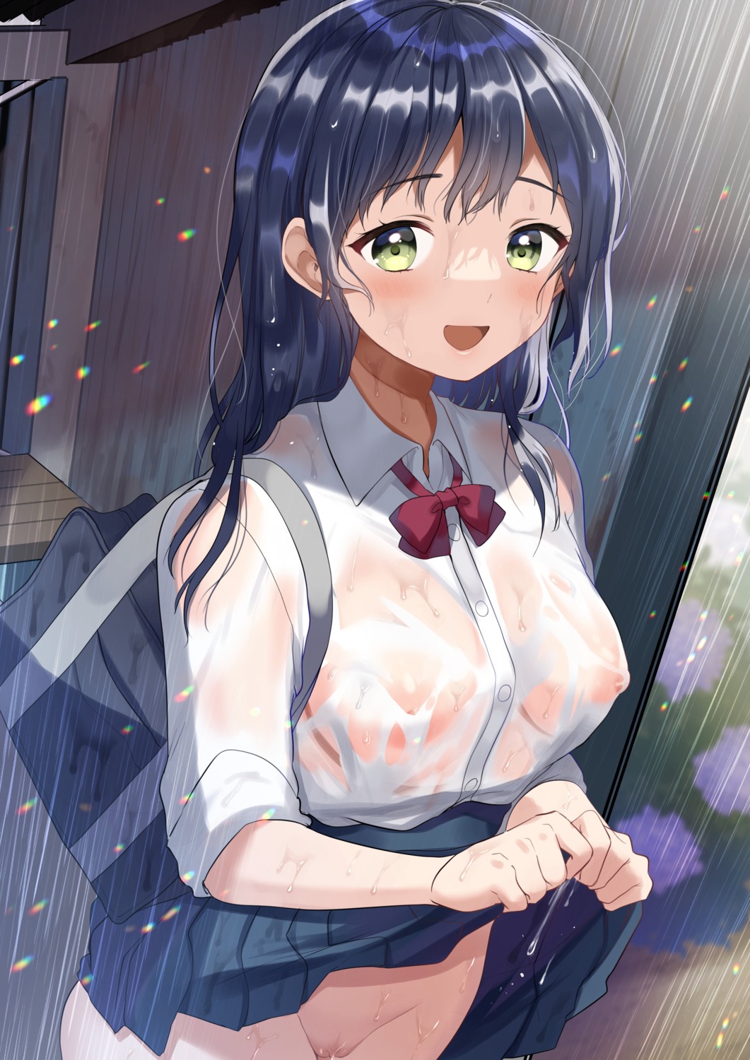 kazepana nipples no_bra nopan pussy see_through seifuku skirt_lift uncensored wet wet_clothes