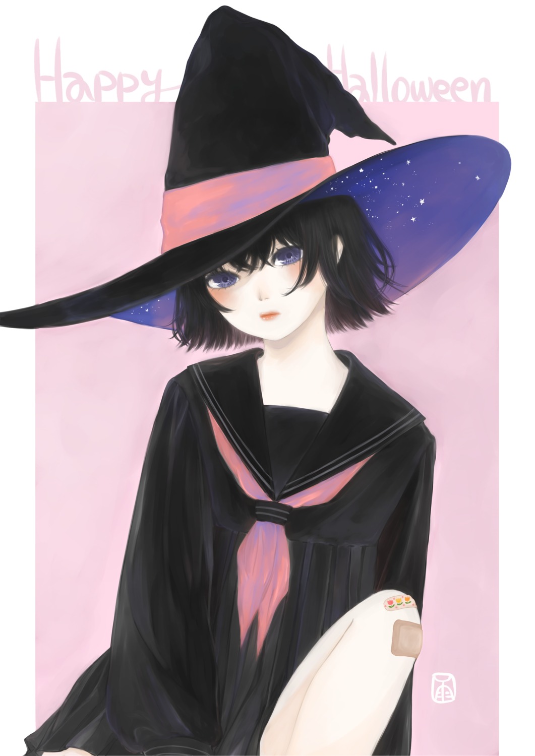 bandaid halloween seifuku ushiyama_ame witch
