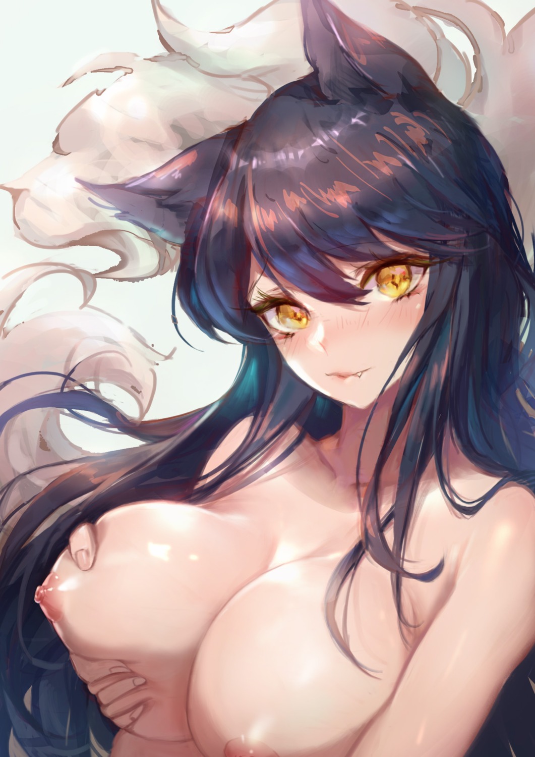 ahri animal_ears breast_grab breast_hold kitsune league_of_legends naked nipples tail xing