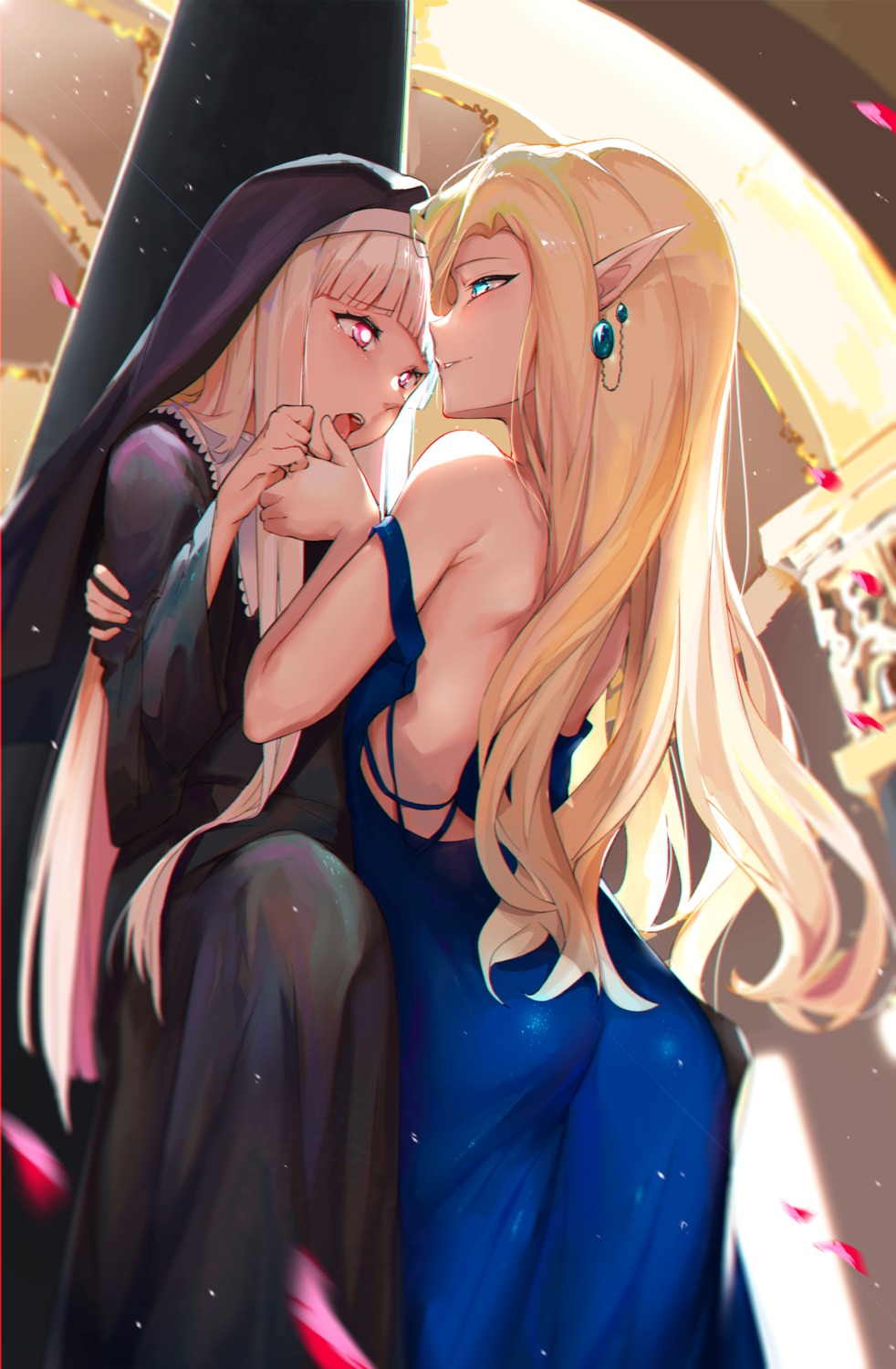 ass dingding_tu dress no_bra nun pointy_ears yuri