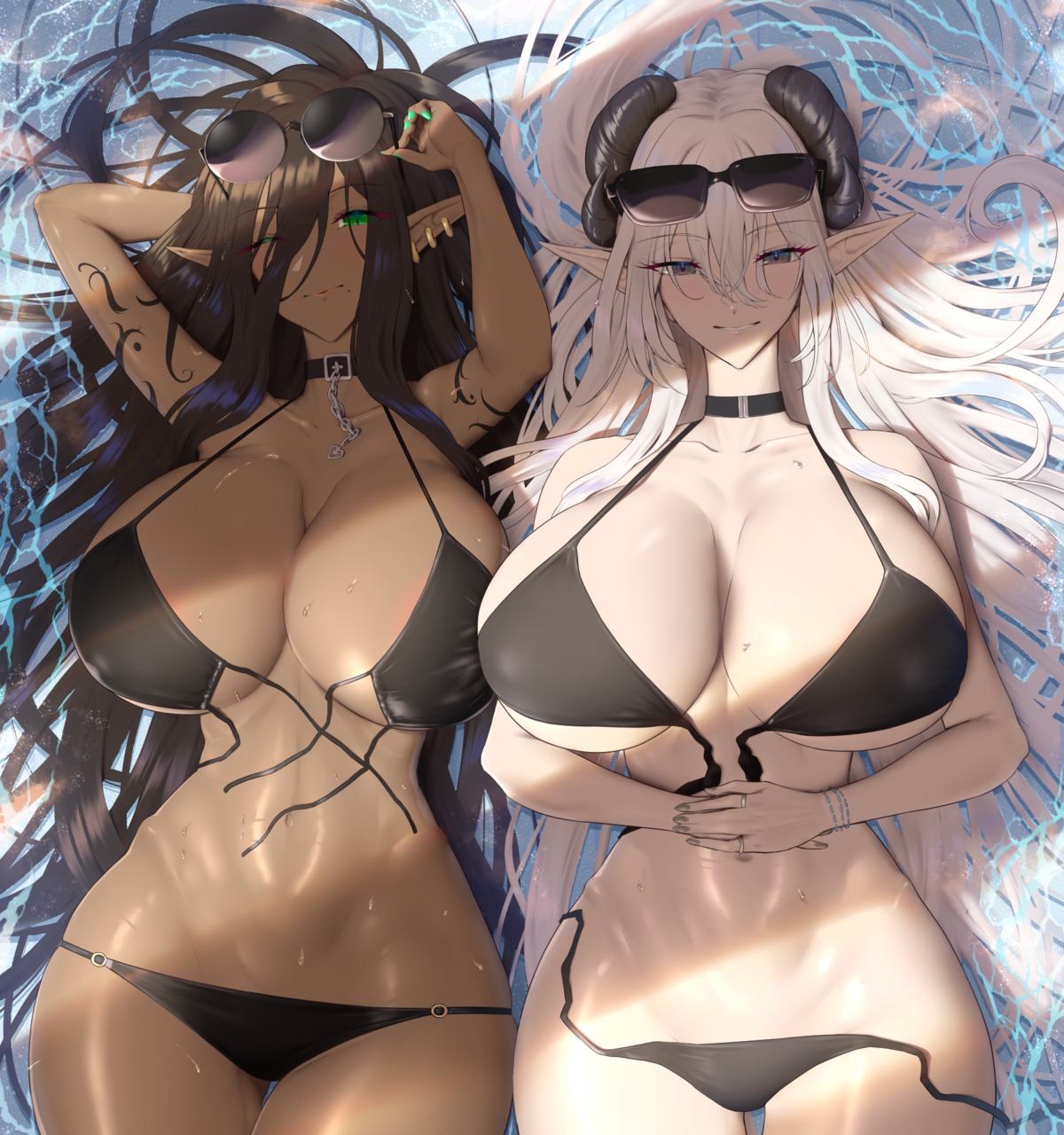 bikini erect_nipples horns megane pointy_ears shiroshisu swimsuits tattoo wardrobe_malfunction