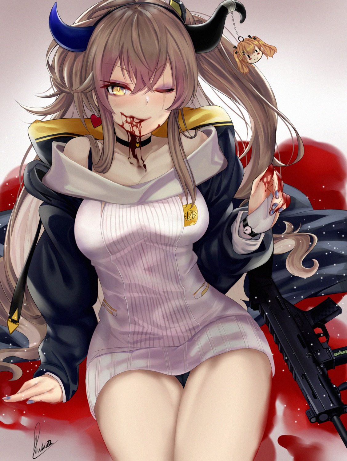 blood girls_frontline gun horns pantsu piukute062 sweater ump45_(girls_frontline)