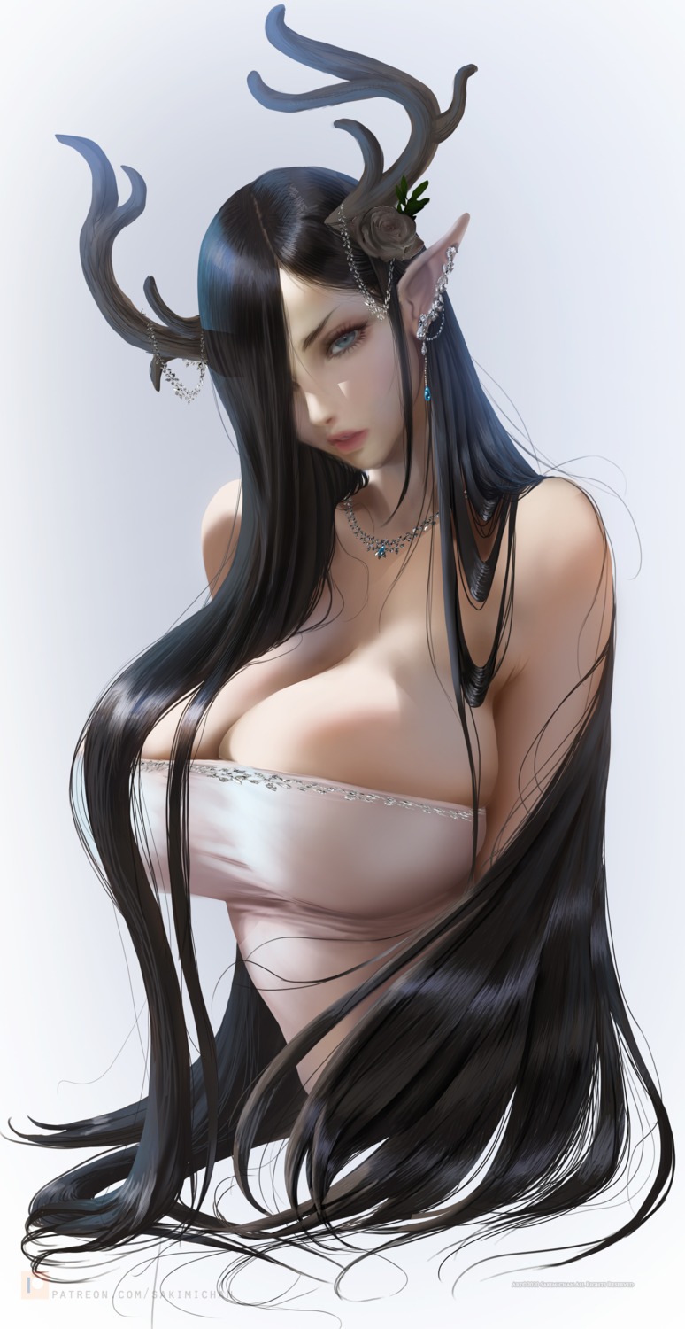 cleavage horns no_bra pointy_ears sakimichan