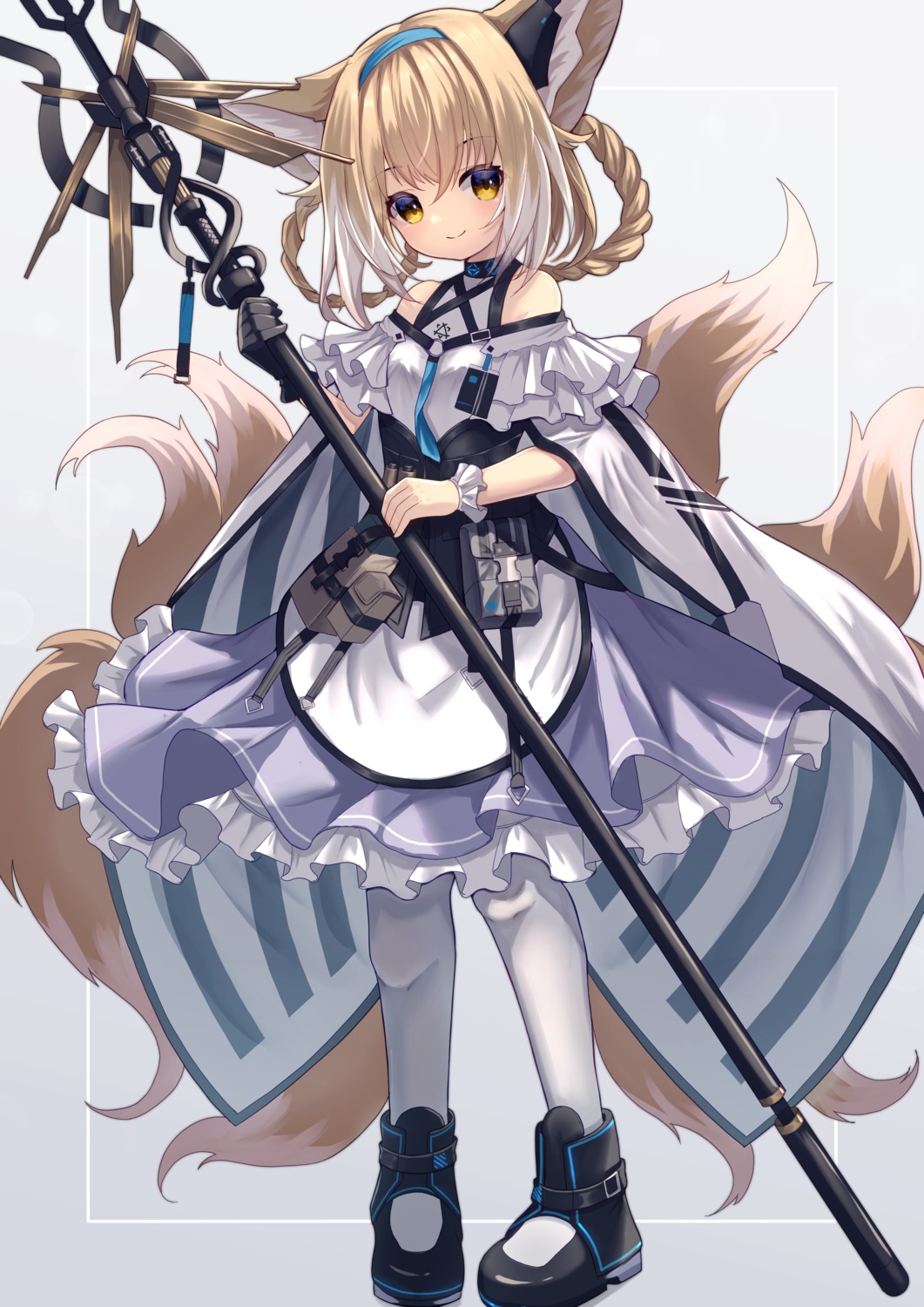 animal_ears arknights dress hinata_(pixiv53862745) kitsune pantyhose suzuran_(arknights) tail weapon