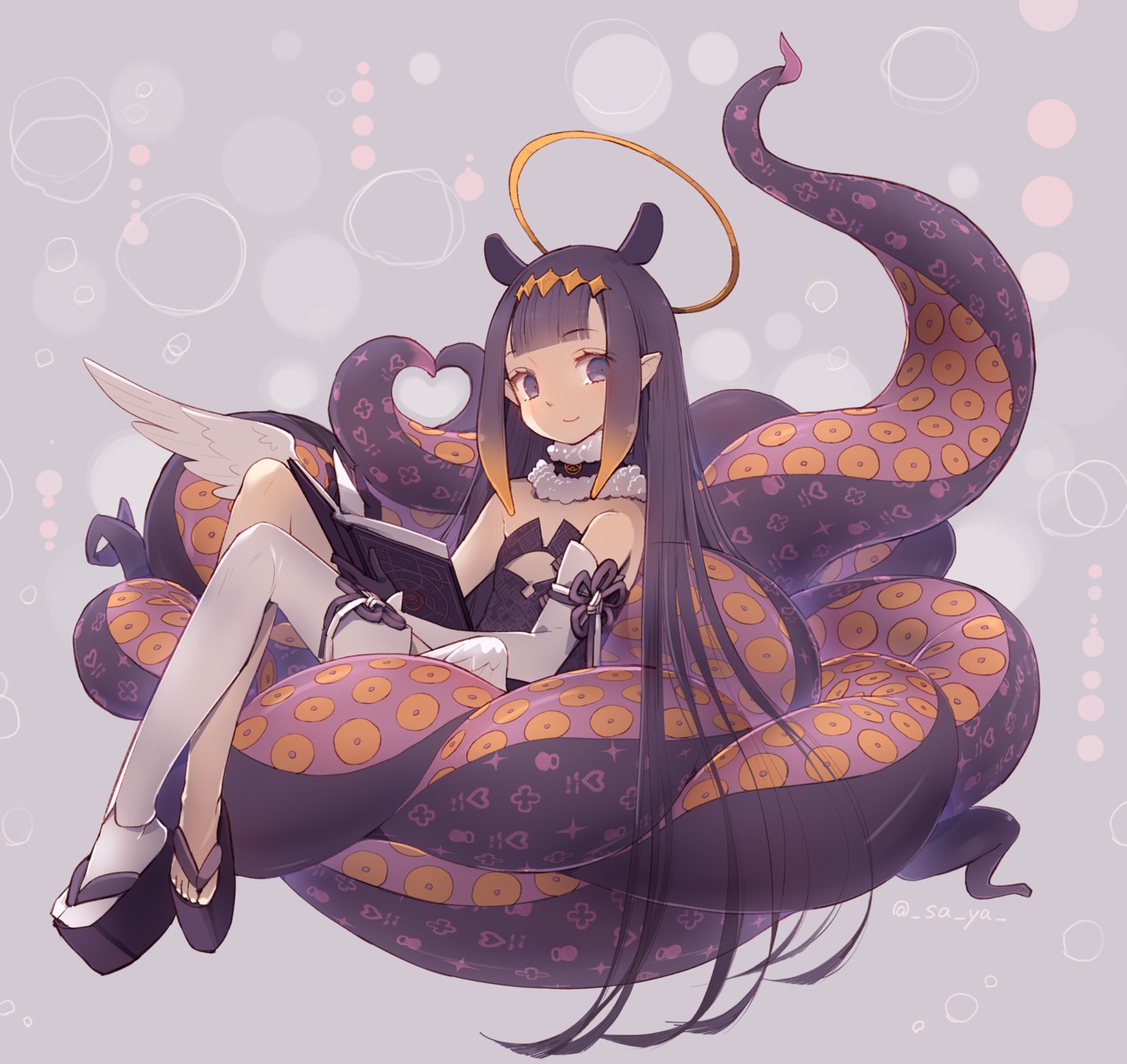 angel dress hololive hololive_english ninomae_ina'nis no_bra pointy_ears tentacles thighhighs wings xie_ye