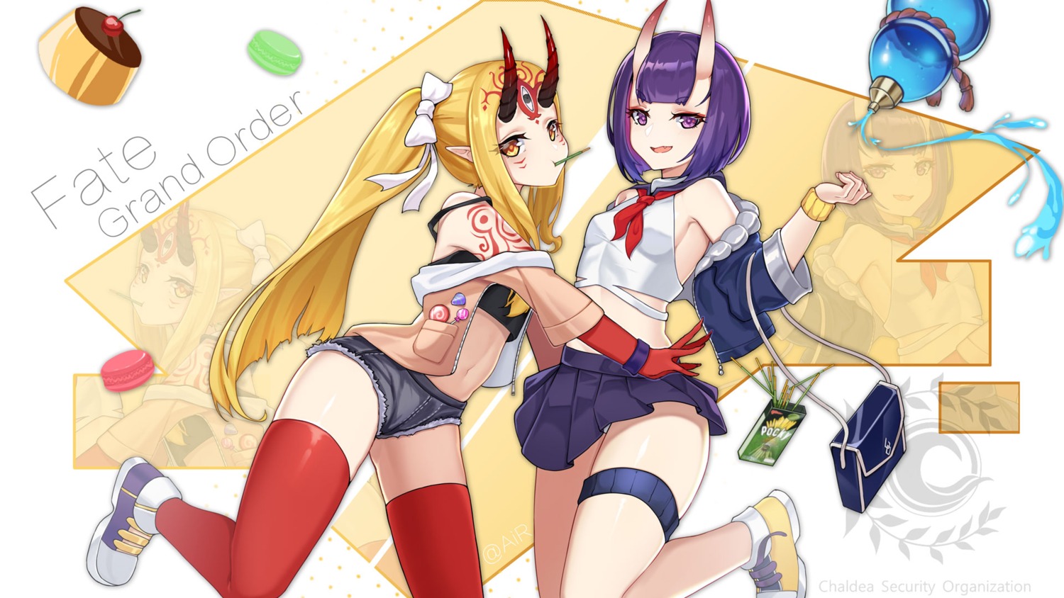 bra fate/grand_order garter horns ibaraki_douji_(fate/grand_order) mo_ying_yu open_shirt pantsu pointy_ears seifuku shuten_douji_(fate/grand_order) skirt_lift tattoo thighhighs wallpaper