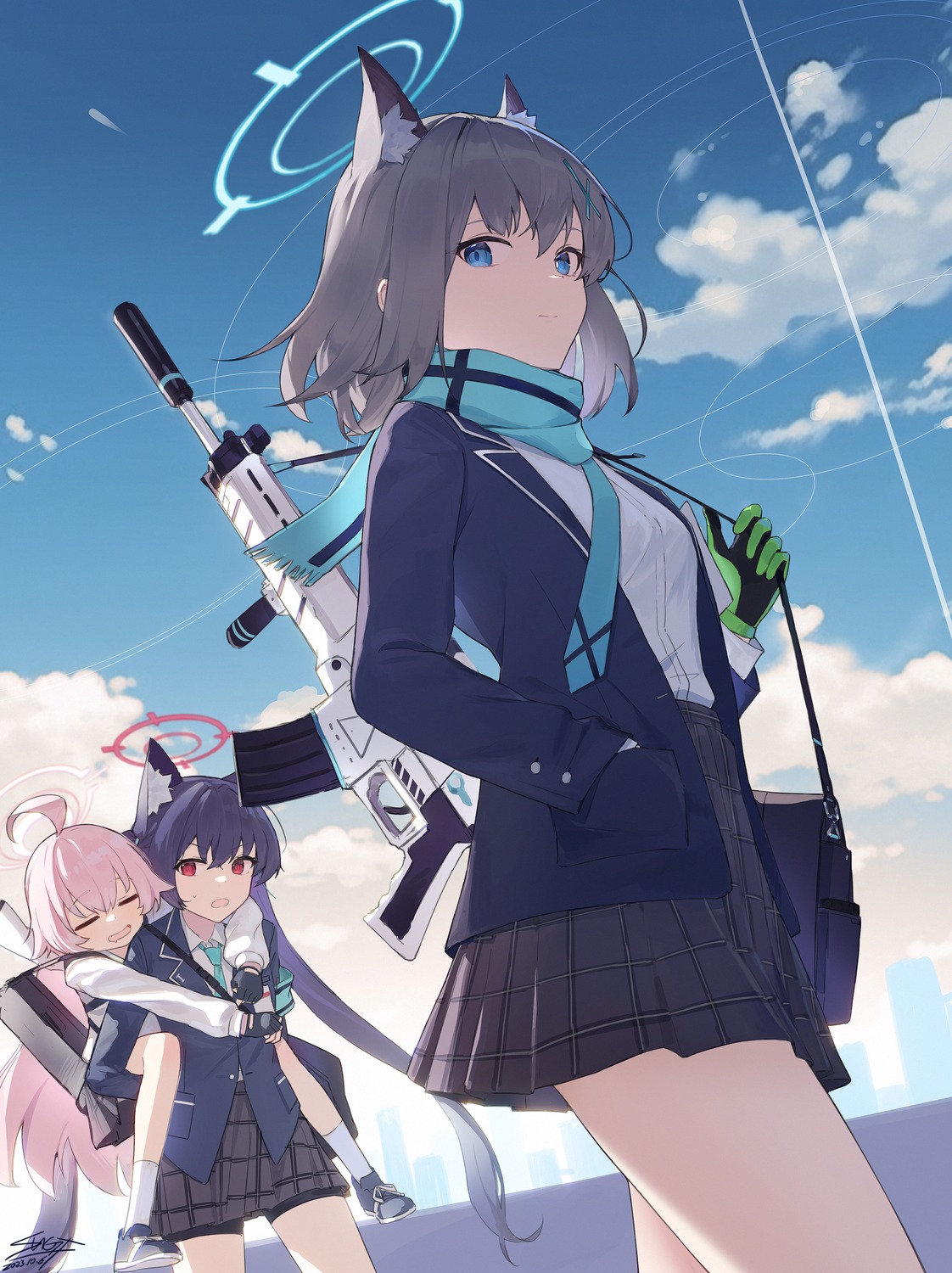 animal_ears blue_archive gun halo kuromi_serika nekomimi seifuku sun_gzf sunaookami_shiroko takanashi_hoshino