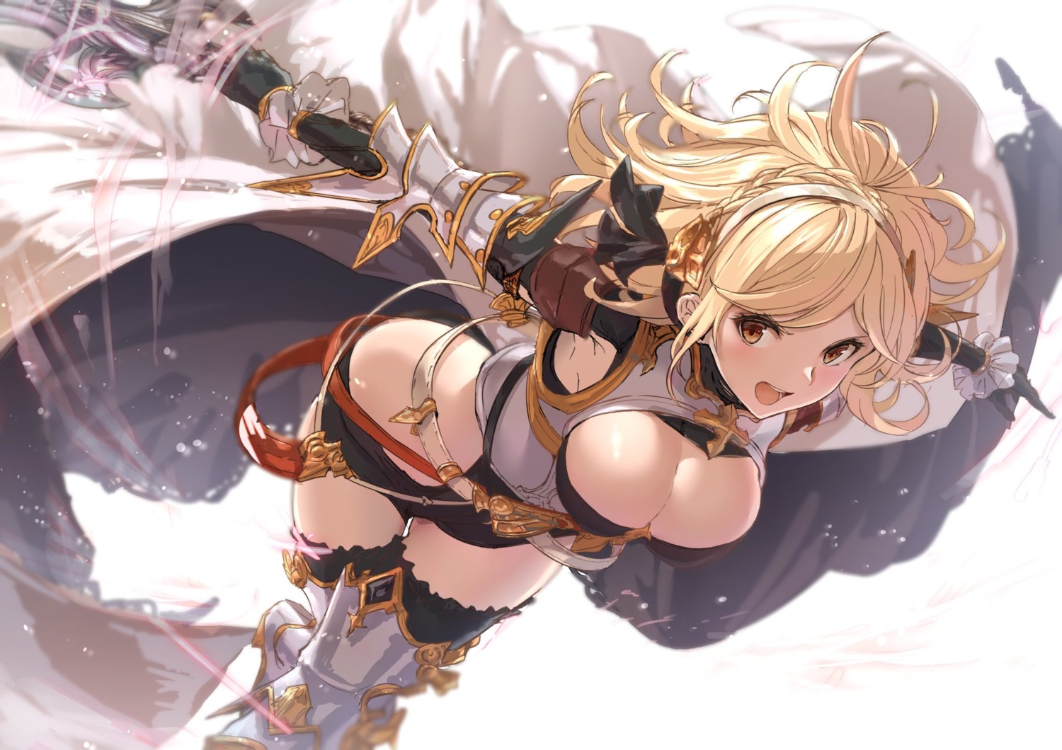 akita_hika armor cleavage djeeta_(granblue_fantasy) granblue_fantasy no_bra sword thighhighs