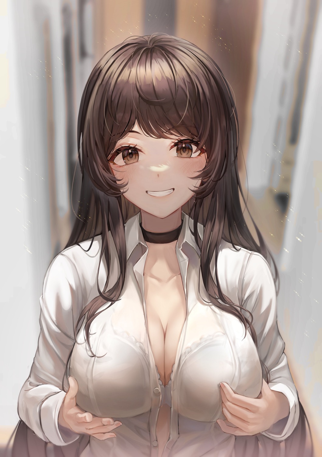 bra breast_hold cleavage dress_shirt mirage_(rairudiseu) open_shirt see_through