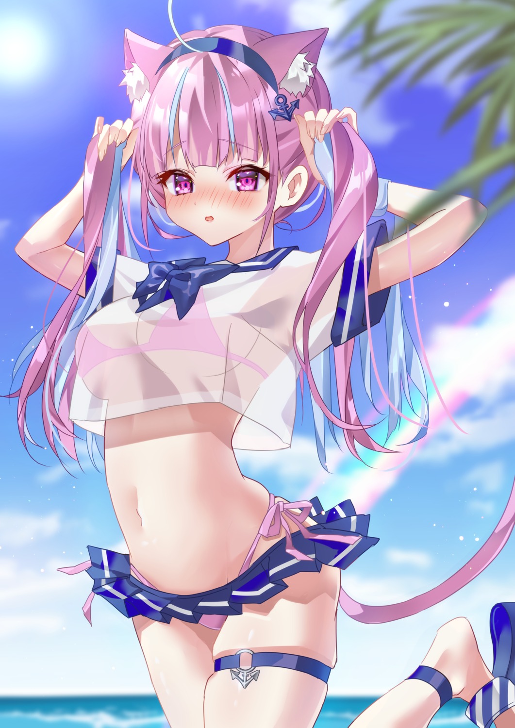 animal_ears bikini chierishu garter hololive minato_aqua nekomimi see_through seifuku swimsuits tail