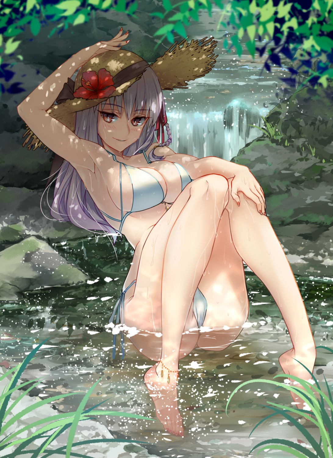 bikini fate/grand_order kama_(fate/grand_order) kuroaki swimsuits thong wet