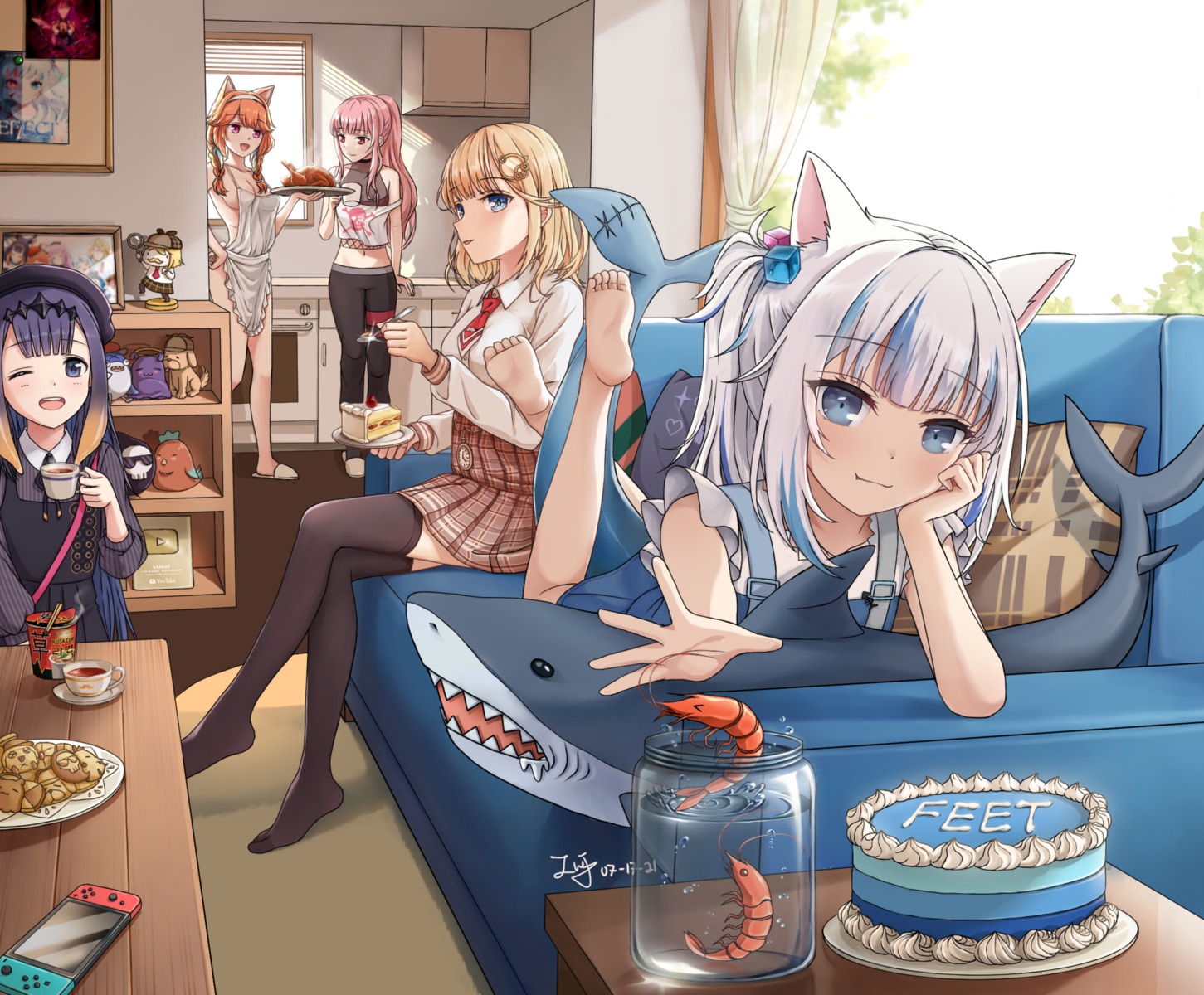 animal_ears chibi dress feet gawr_gura hololive hololive_english mori_calliope naked_apron nekomimi ninomae_ina'nis pointy_ears seifuku skirt_lift tail takanashi_kiara thighhighs watson_amelia zeng$_(zwj)