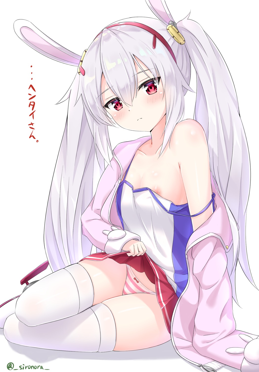 animal_ears azur_lane bunny_ears laffey_(azur_lane) nipple_slip no_bra open_shirt pantsu shimapan shironora skirt_lift thighhighs