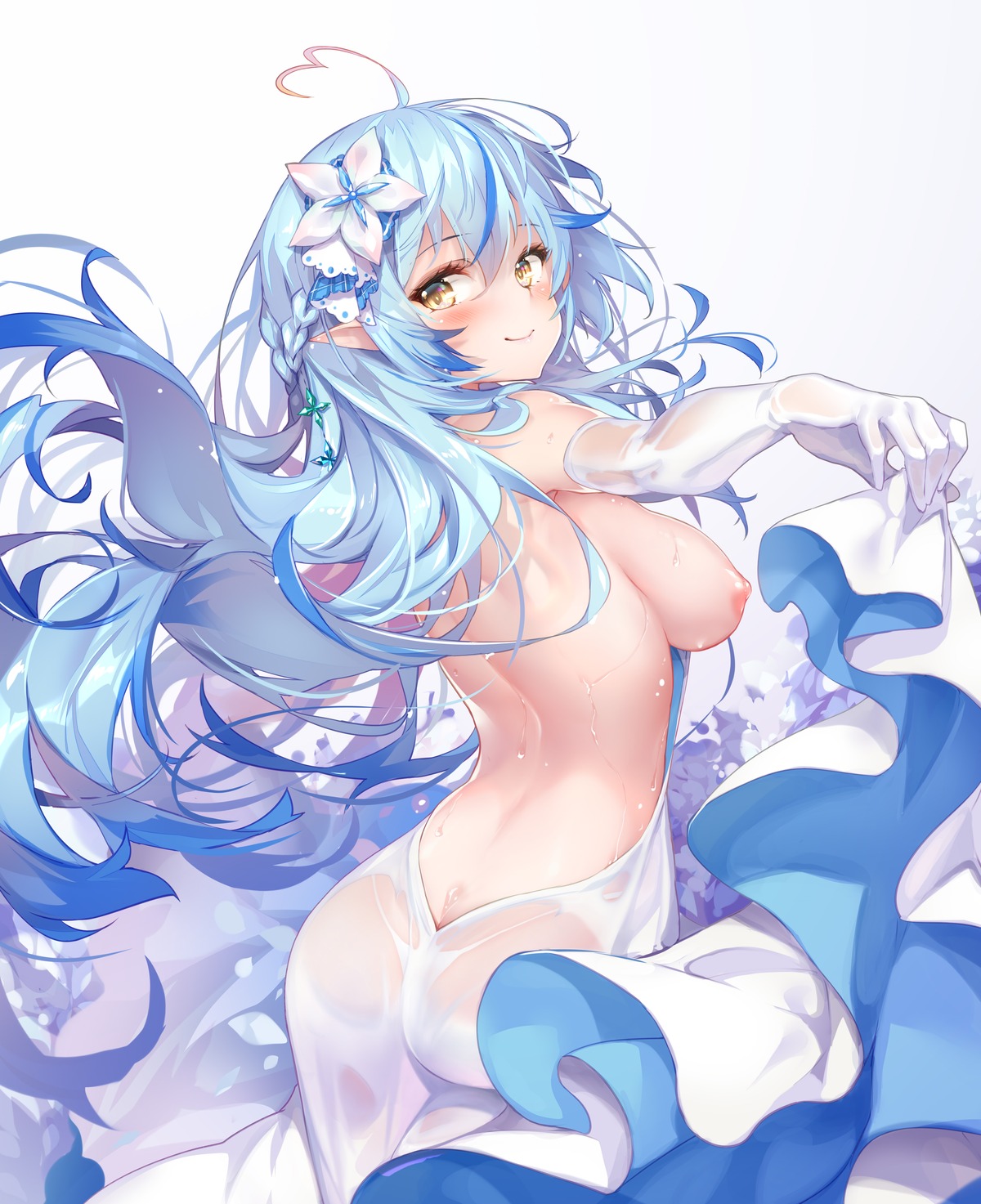 dress elf hololive hong_(white_spider) nipples no_bra pointy_ears see_through wedding_dress yukihana_lamy