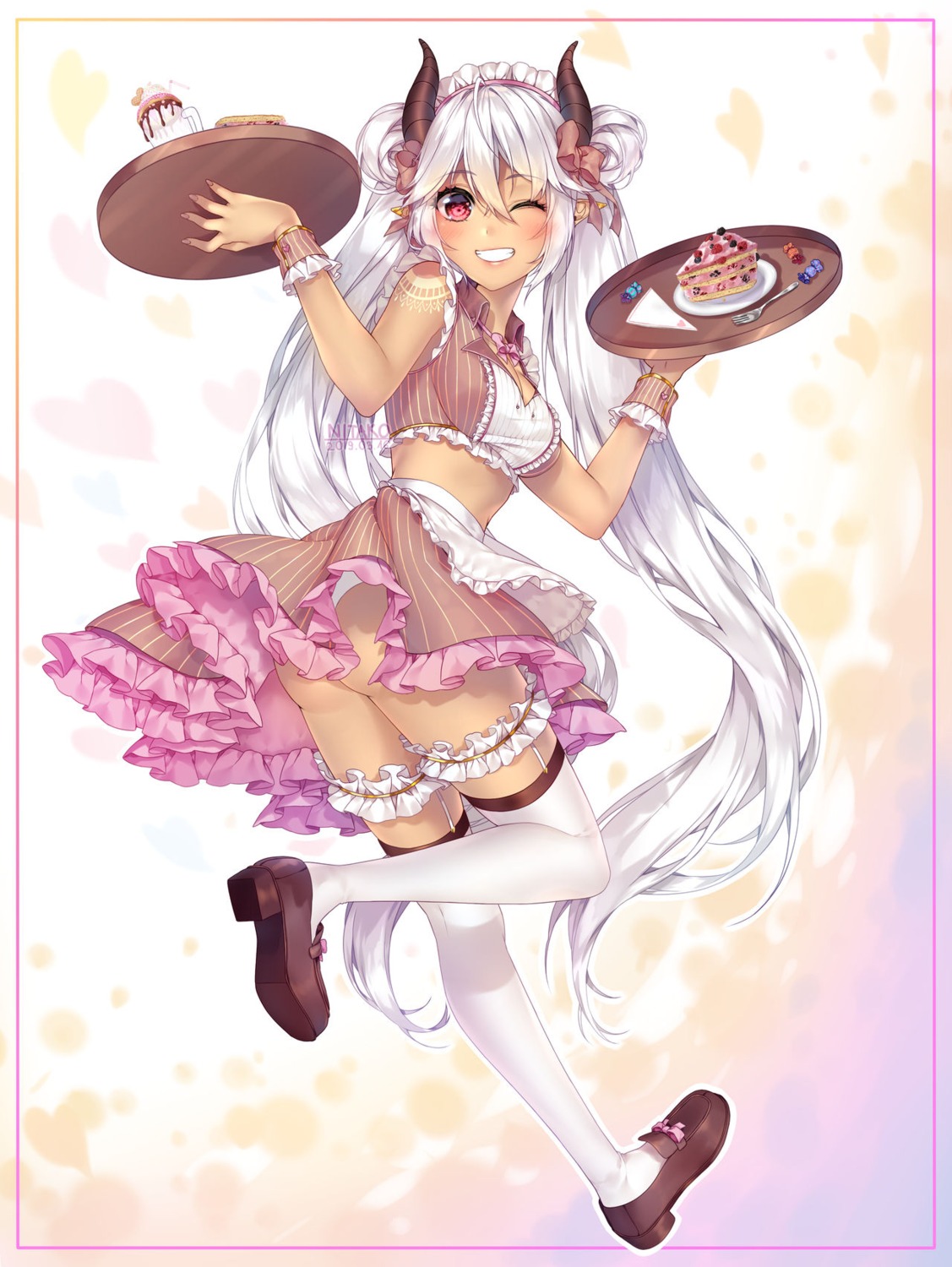 ass cleavage garter heels horns nitako nopan pointy_ears skirt_lift stockings thighhighs waitress watermark