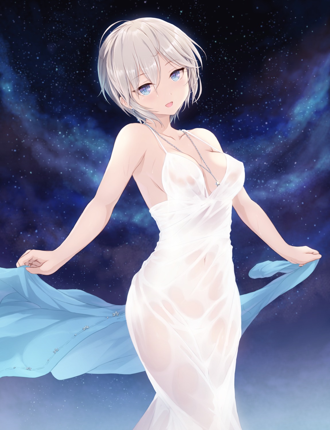 anastasia_(idolm@ster) cait cleavage dress erect_nipples no_bra see_through summer_dress the_idolm@ster the_idolm@ster_cinderella_girls wet wet_clothes