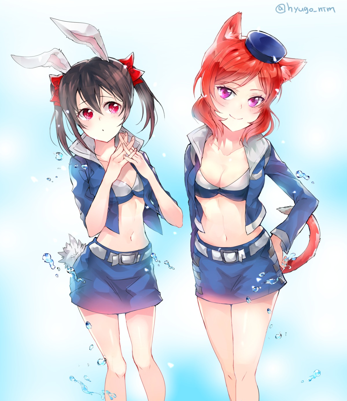 animal_ears bikini_top bunny_ears cleavage hyugo love_live! nekomimi nishikino_maki open_shirt swimsuits tail yazawa_nico