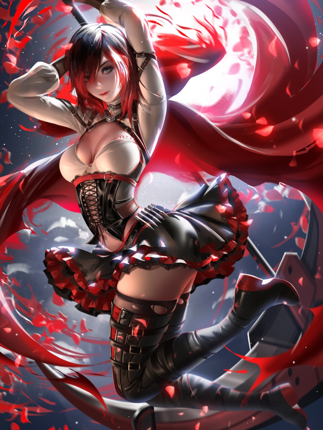 cleavage garter liang_xing ruby_rose rwby skirt_lift thighhighs weapon