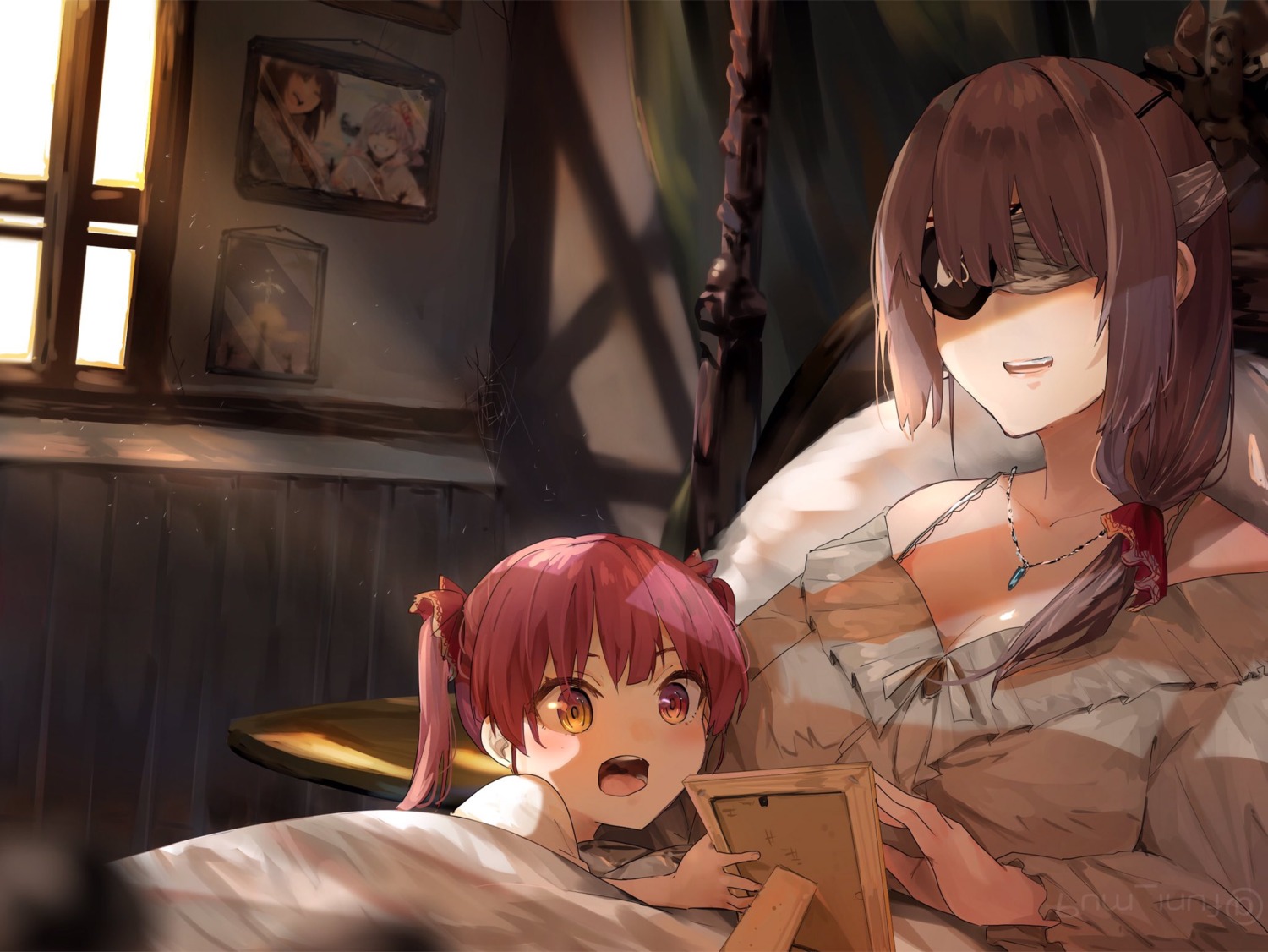 bandages cleavage eyepatch funi_mu9 heterochromia hololive houshou_marine