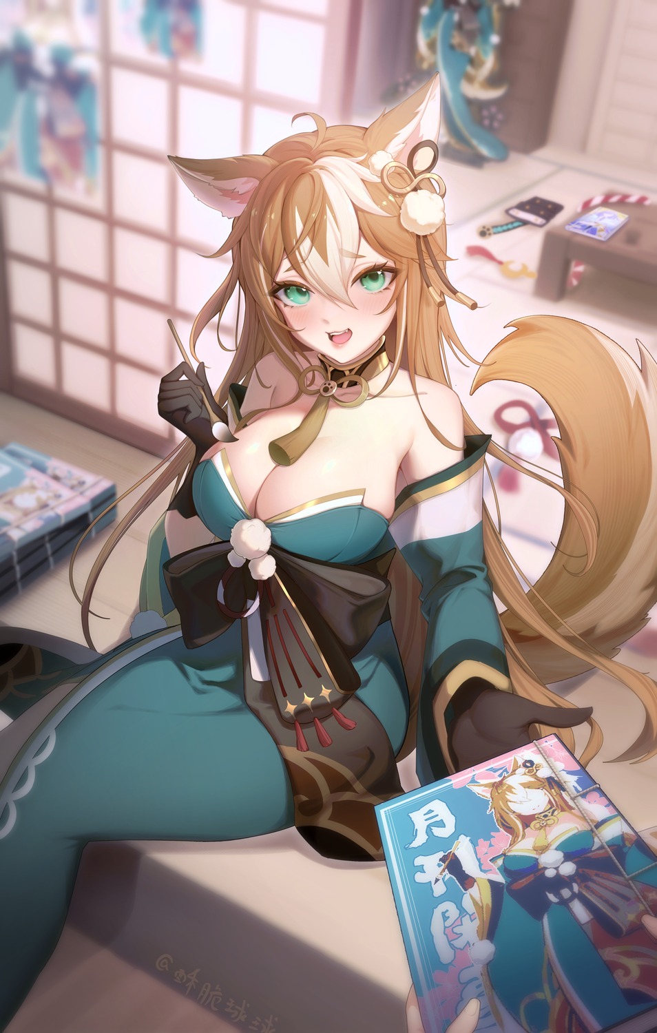 animal_ears genshin_impact hina_(genshin_impact) japanese_clothes no_bra so_zei_tama_tama tail