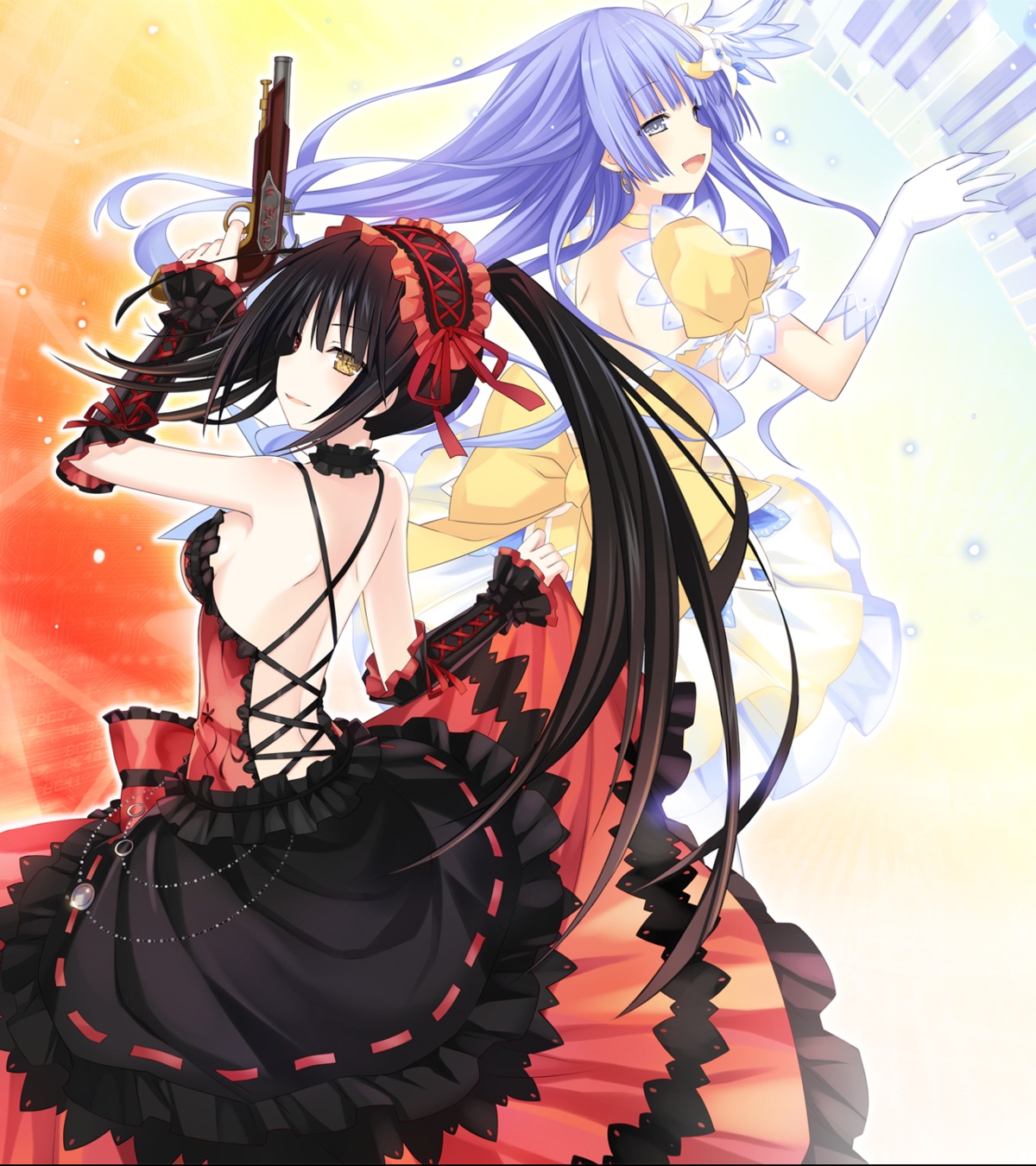 date_a_live dress gothic_lolita gun heterochromia izayoi_miku lolita_fashion no_bra skirt_lift tokisaki_kurumi tsunako