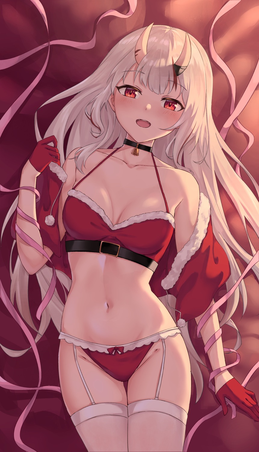 bra christmas hololive horns maki_(pixiv9288678) nakiri_ayame open_shirt pantsu stockings thighhighs