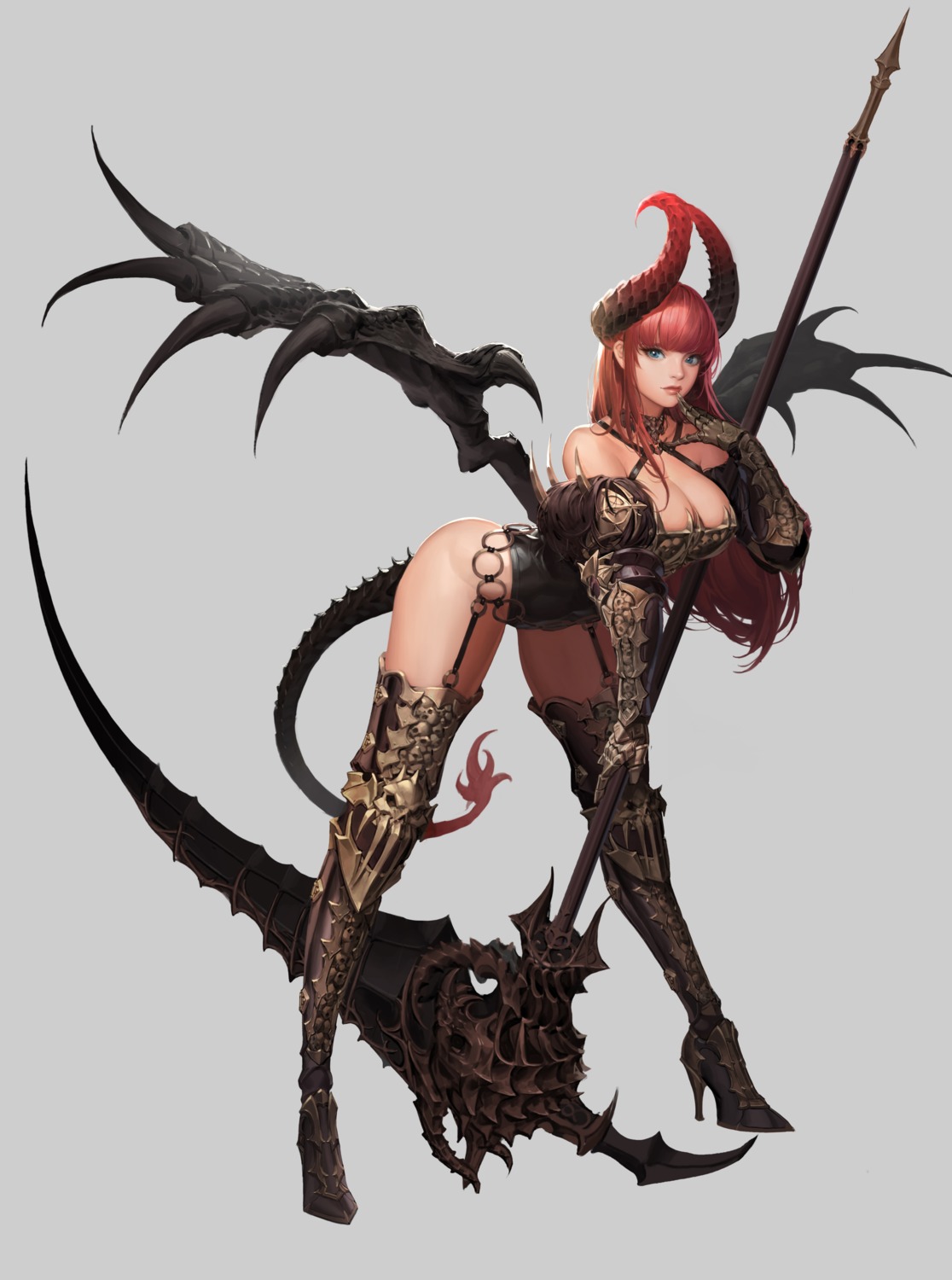 armor cleavage daeho_cha devil horns leotard stockings tail thighhighs weapon wings