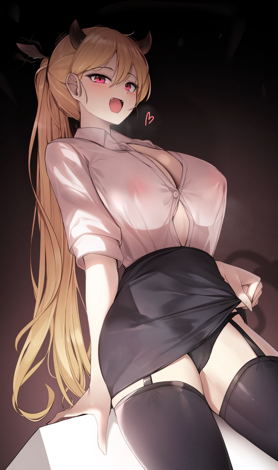 areola cameltoe ddangbi devil dress_shirt horns no_bra open_shirt pantsu see_through skirt_lift stockings tail thighhighs wings