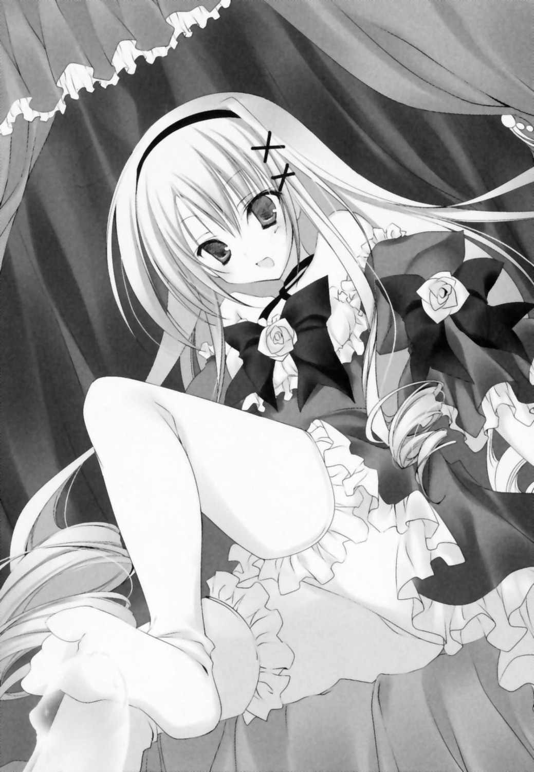 censored dress footjob inugami_kira jpeg_artifacts lolita_fashion monochrome nopan ojou-sama_shimai_no_meirei_desu penis thighhighs