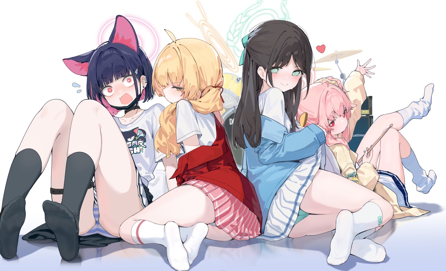 animal_ears blue_archive garter halo ibaragi_yoshimi kurimura_airi kyouyama_kazusa loli nekomimi pantsu seifuku shimapan skirt_lift thong uniform yamano_(yamanoh) yutori_natsu