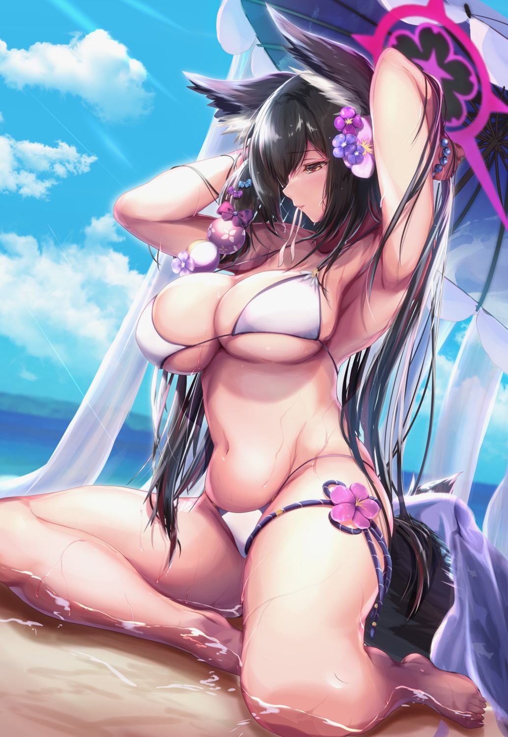 animal_ears bikini blue_archive garter halo kitsune kosaka_wakamo saboten_teishoku swimsuits tail wet