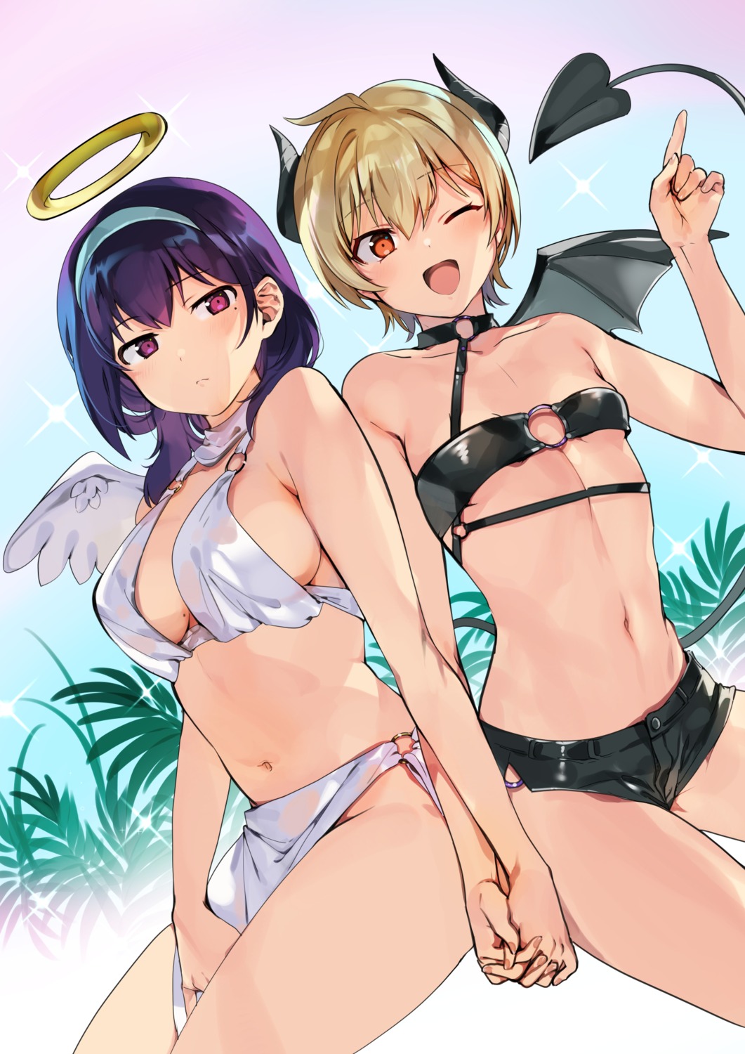 angel bikini devil harumi_hana horns ichihara_chiaki konbu_wakame see_through sekai_de_ichiban_oppai_ga_suki! swimsuits tail wings yuri