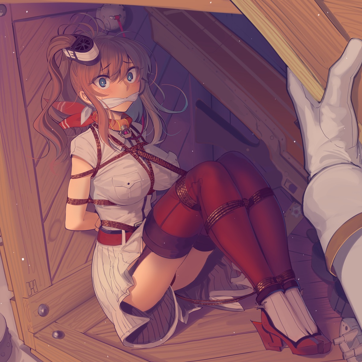 bondage heels kaddo kantai_collection pantsu saratoga_(kancolle) skirt_lift stockings thighhighs thong