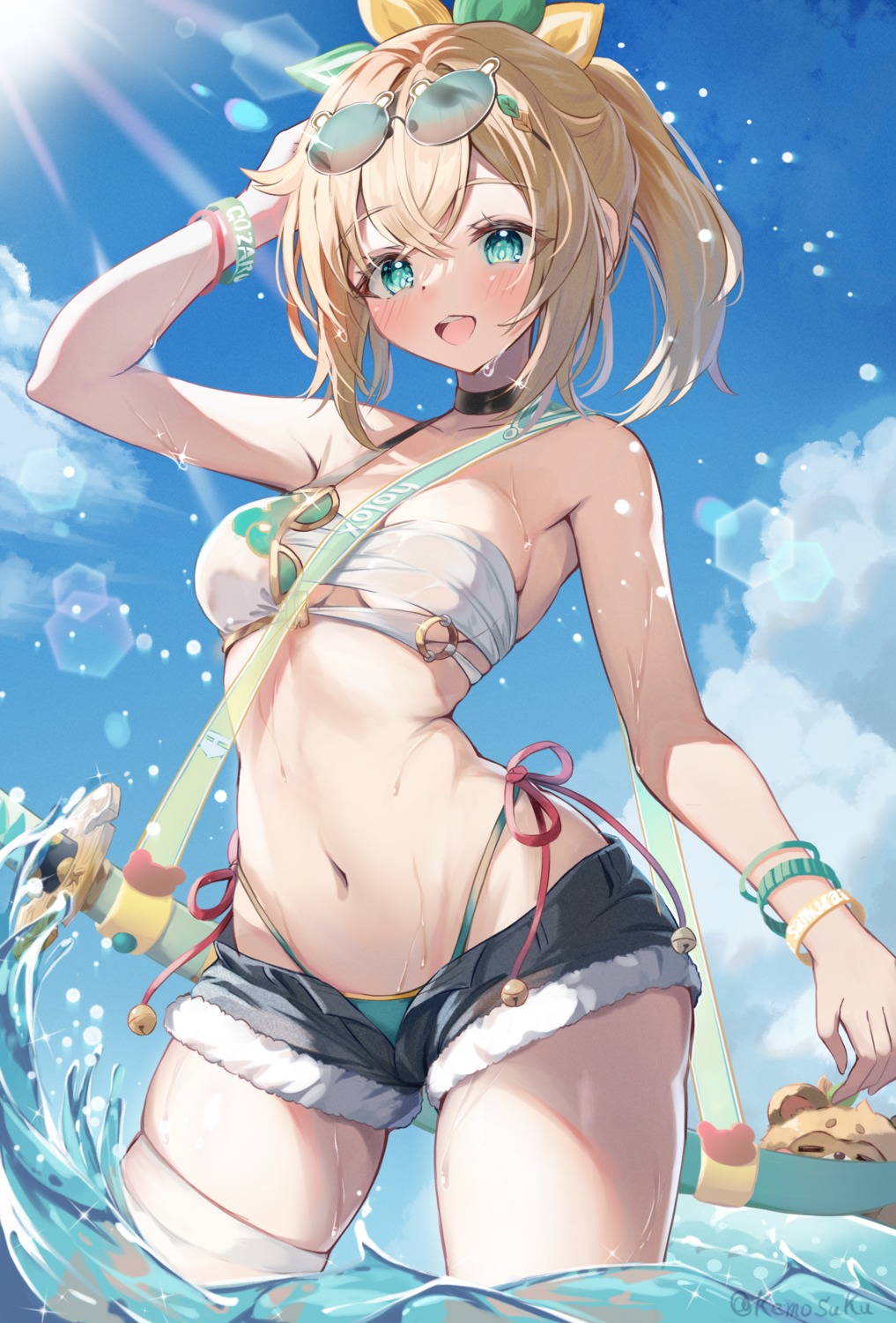 bikini hololive kazama_iroha kemosuku megane sarashi see_through swimsuits sword thighhighs wet