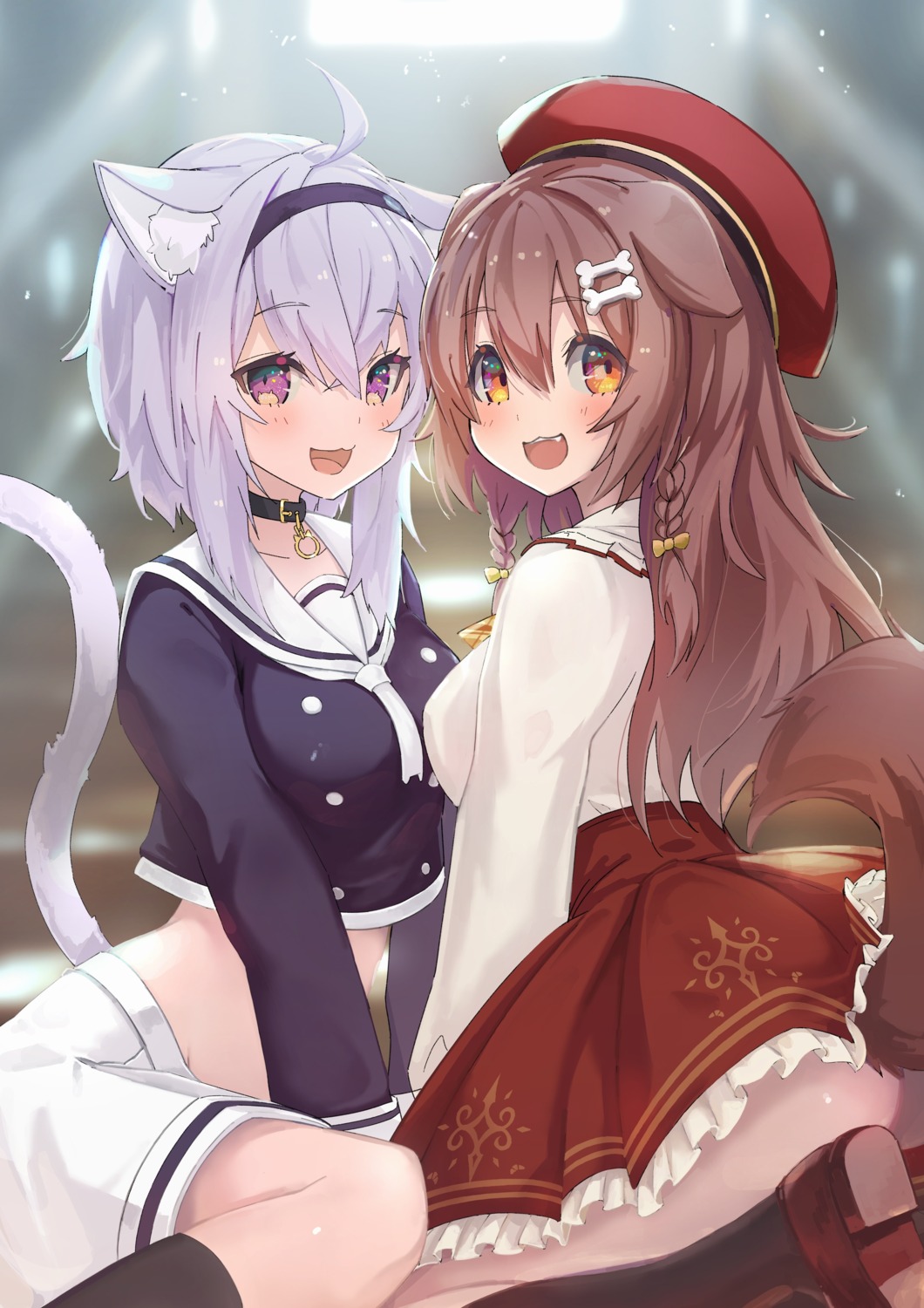 animal_ears ass harada_isuka hololive hololive_gamers inugami_korone inumimi nekomata_okayu nekomimi nopan seifuku skirt_lift tail