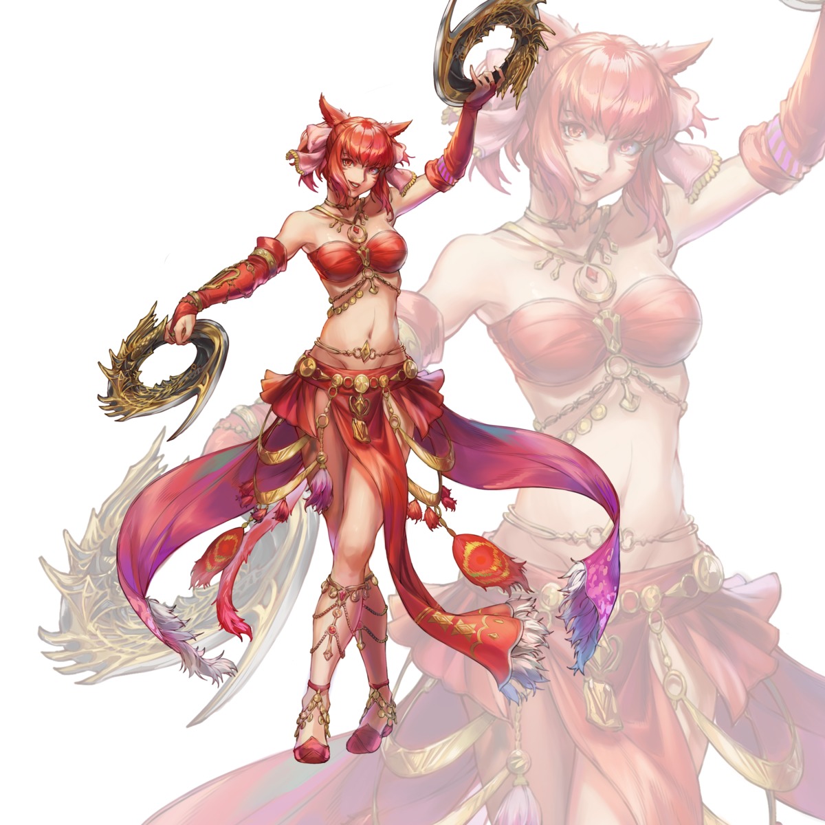 animal_ears final_fantasy final_fantasy_xiv miqo'te nekomimi no_bra seneka_grafika tail weapon