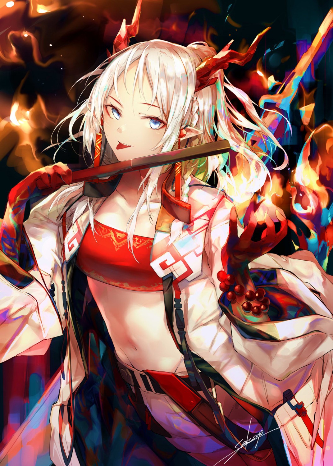 arknights horns nian_(arknights) open_shirt pointy_ears sakusyo