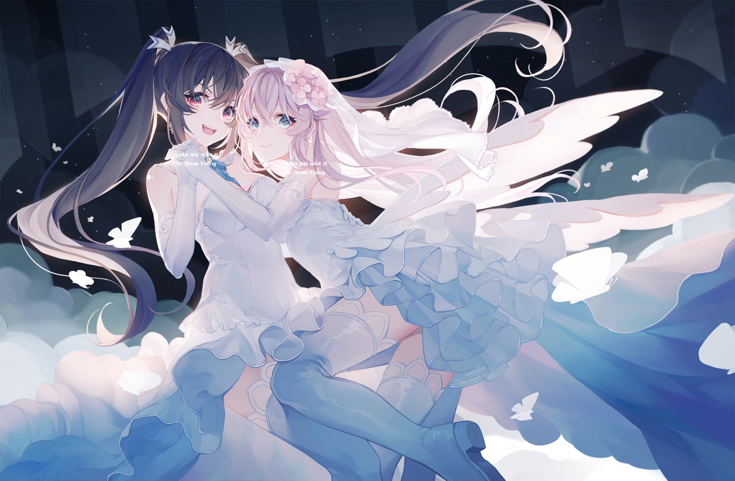 black_heart choujigen_game_neptune dress no_bra noire official_watermark skirt_lift suaynnai_wanzi thighhighs wedding_dress