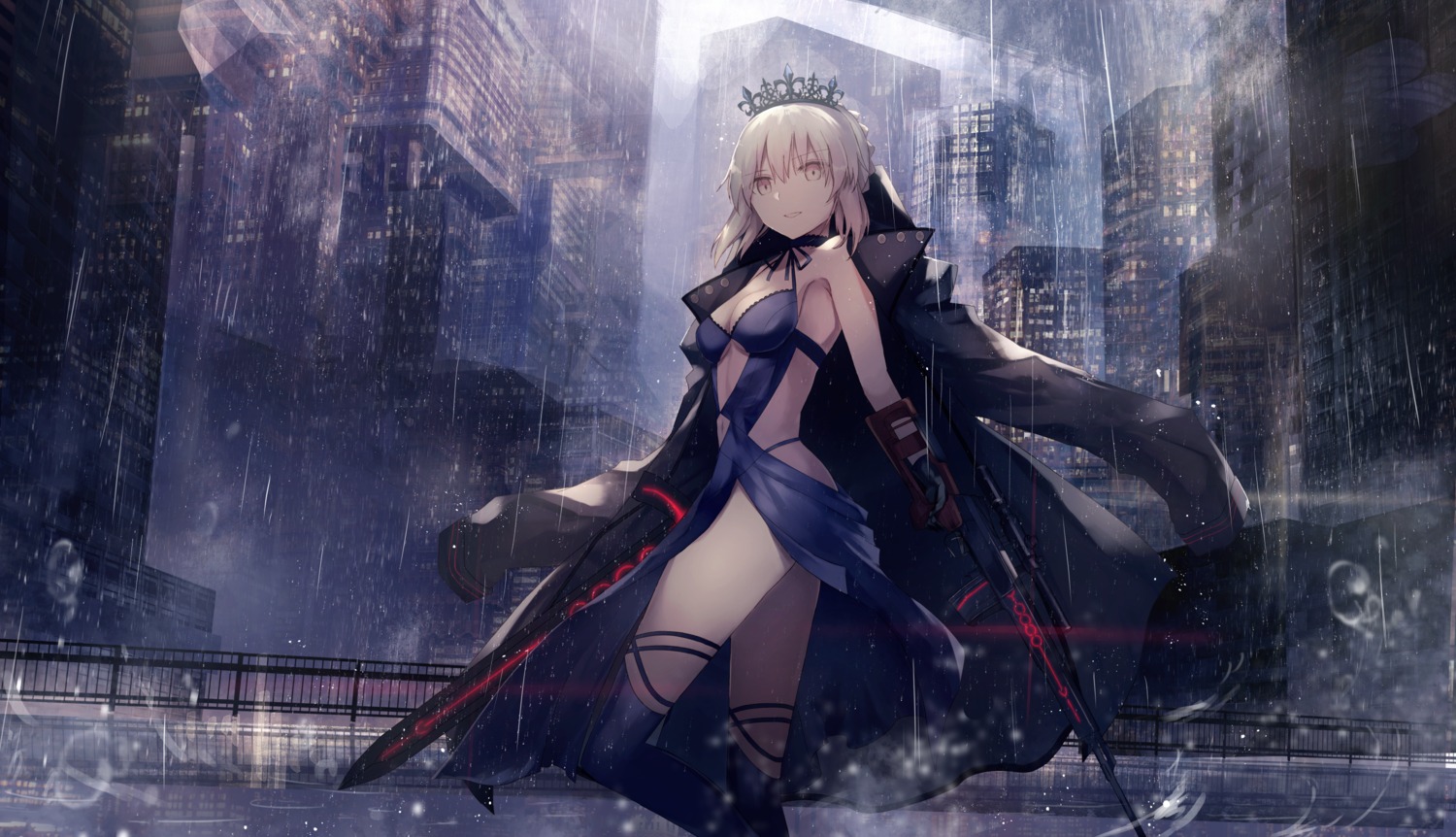 cleavage dress fate/grand_order gun saber saber_alter sword thighhighs thkani