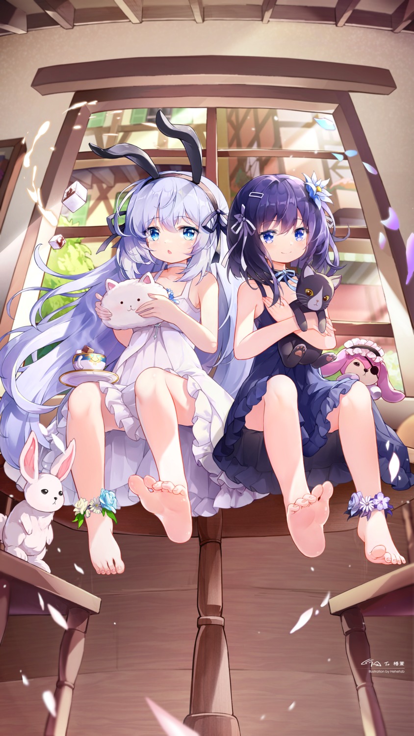 animal_ears artist_revision bunny_ears eyepatch feet fuiba_fuyu gochuumon_wa_usagi_desu_ka? hehehzb kafuu_chino lingerie loli neko skirt_lift tippy_(gochiusa)