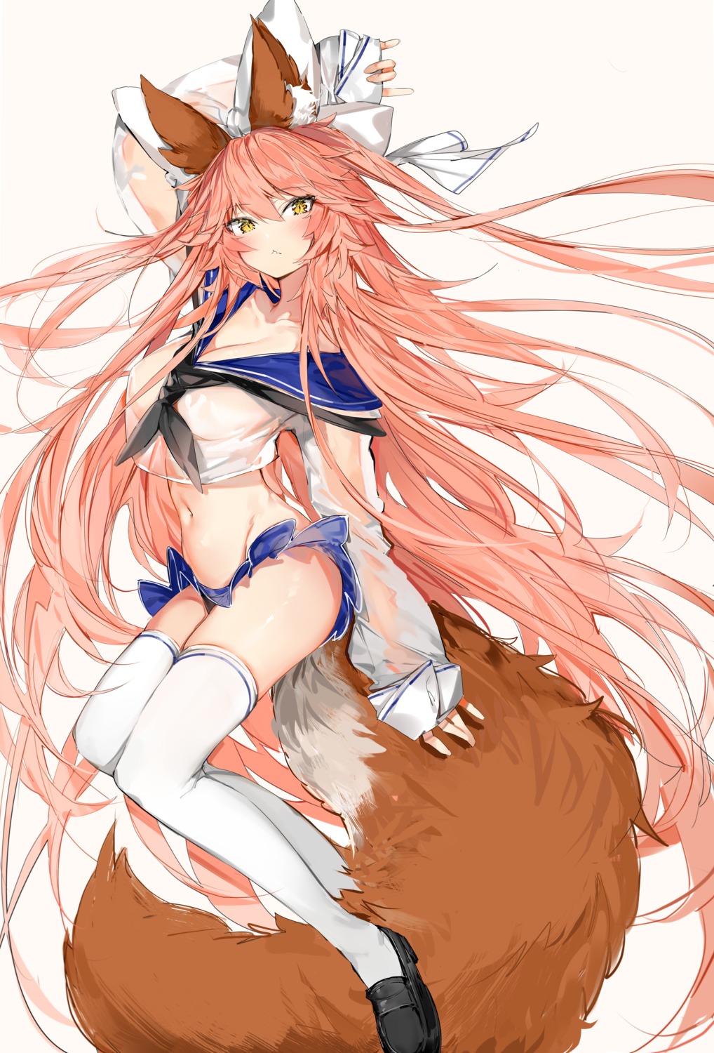 animal_ears fate/grand_order kitsune no_bra pantsu see_through seifuku silver_(chenwen) skirt_lift tail tamamo_no_mae thighhighs